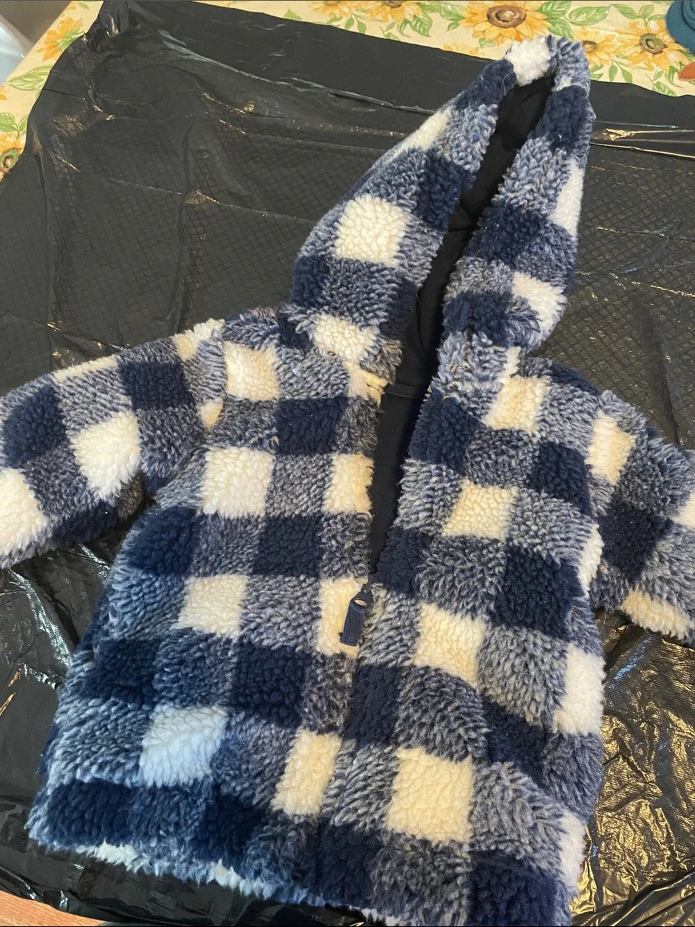 Carter's Plush Hooded Sherpa Jacket in Navy & Cream Buffalo Check